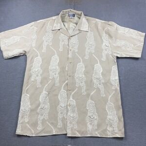 Vintage Trust Shirt Mens XL Beige Asian Tiger Loop Collar AOP Textured Button Up